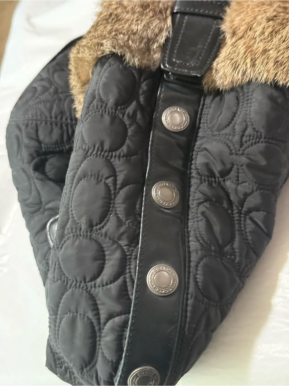 Coach Signature Quilted Fur Trim Hobo Shoulder Bag Black Nylon Leather - Picture 3 of 7